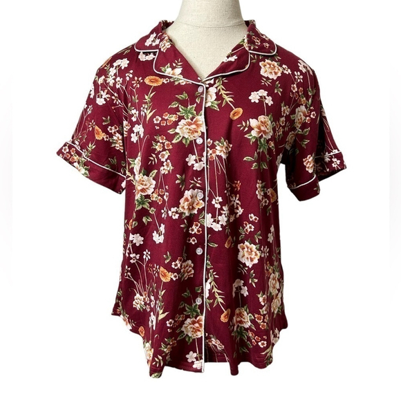 Flora Nikrooz Maroon Floral Short Sleeve Button Down Pajama Sleep Top Small - Picture 3 of 10
